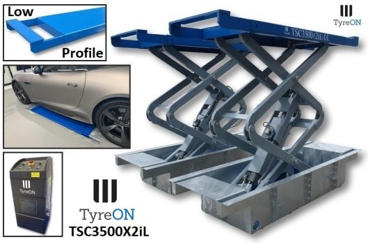 TyreON TSC3500X2iL Low Profile inbouw hefbrug met dubbele extensies en inbouwbakken